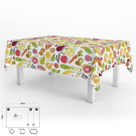 Mantel Hule Rectangular Frutas Fantasia Impermeable Antimanchas PVC 140x250 cm.  Recortable Uso Interior y Exterior