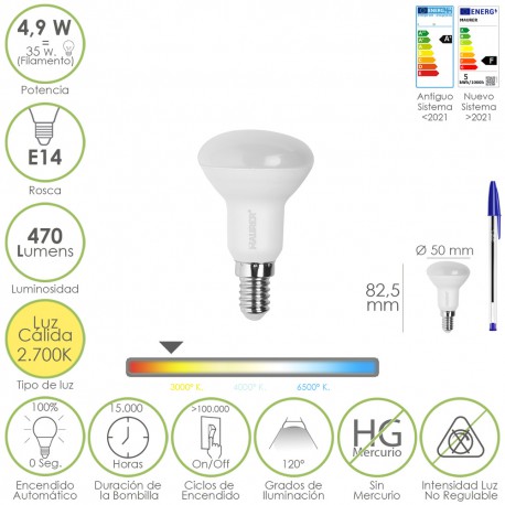 Bombilla Led Reflectante Rosca E14. 4,9 Watt. Equivale A 35 Watt. 470 Lumenes. Luz Cálida (3000º K.)