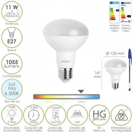 Bombilla Led Reflectante E27. 11 Watt. Equivale A 100 Watt. 1055 Lumenes. Luz Fria 6.500º K.