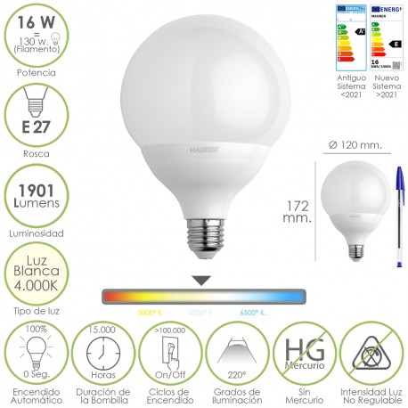 Bombilla Led Globo Rosca E27. 16 Watt. Equivale A 130 Watt. 1901 Lumenes. Luz Blanca (4000º K.)