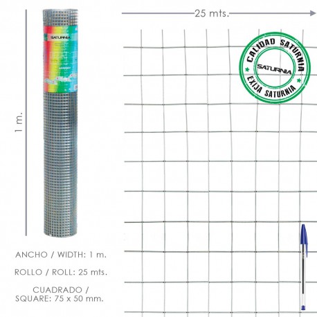 Malla Electrosoldada Galvanizada 75x50 / 1,80 / 100 cm. GA Rollo 25 metros