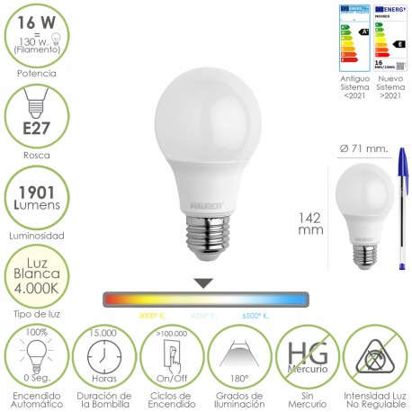 Bombilla Led Estandar Rosca E27. 16 Watt. Equivale A 130 Watt. 1901 Lumenes. Luz Blanca 4000º K.)