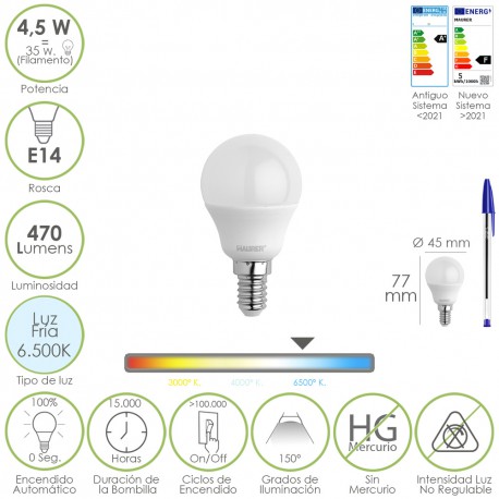 Bombilla Led Esferica Rosca E14 4.5 Watt. Equivale A 35 Watt. 470 Lumenes. Luz Fria (6500º K)